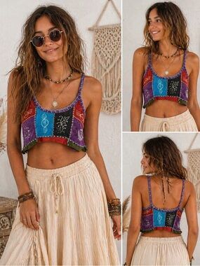 VTG Rising Int. Embroidered Patchwork Crop Top SZ L Hippie Boho Festival